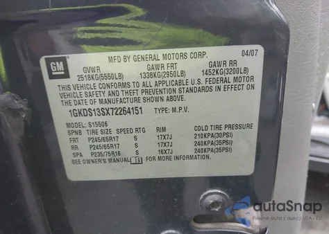 2007 GMC Envoy Slt z USA, uszkodzony, nr VIN 1GKDS13SX72264151